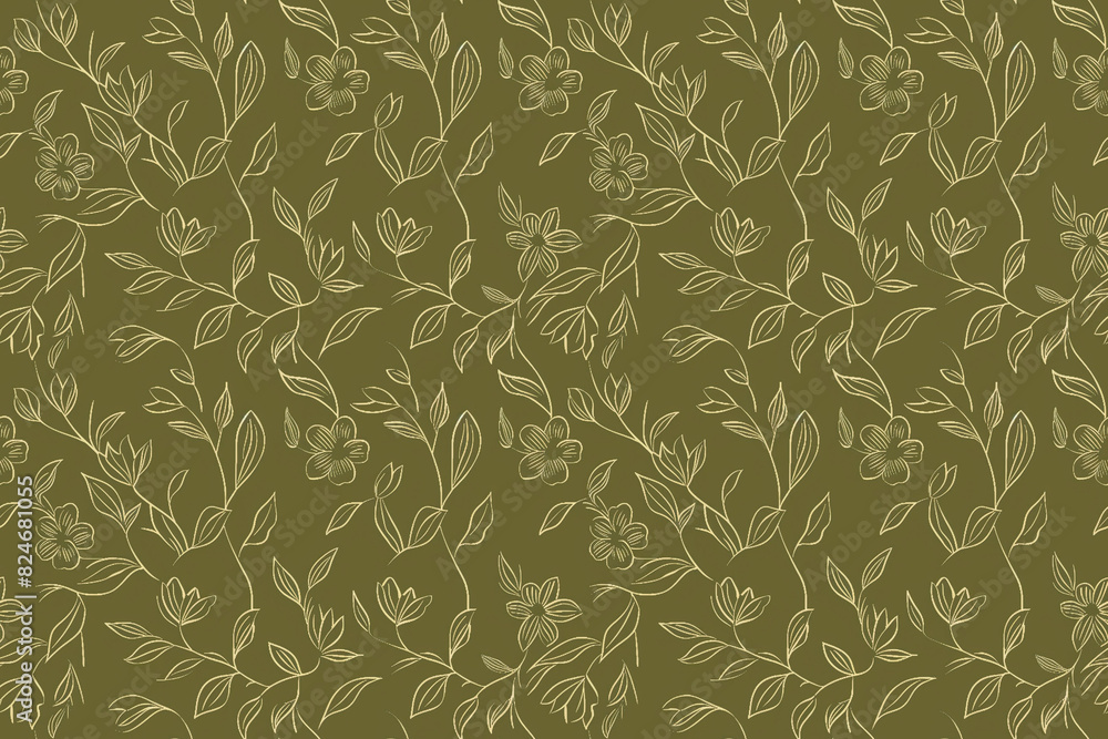 Fototapeta premium Minimalistic floral pattern with simple outlines of flowers and leaves on an olive green background. Ideal for seamless decoration and subtle design projects.