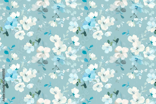 Delicate floral pattern with blue and white flowers on a soft blue background. Perfect for seamless decoration and serene design projects.