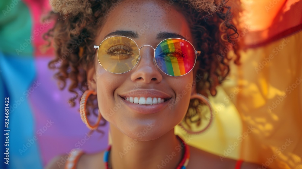 Proud Bisexual Woman Marching in Pride Parade with Rainbow Flag Proud Bisexual Woman Marching in Pride Parade with Rainbow Flag