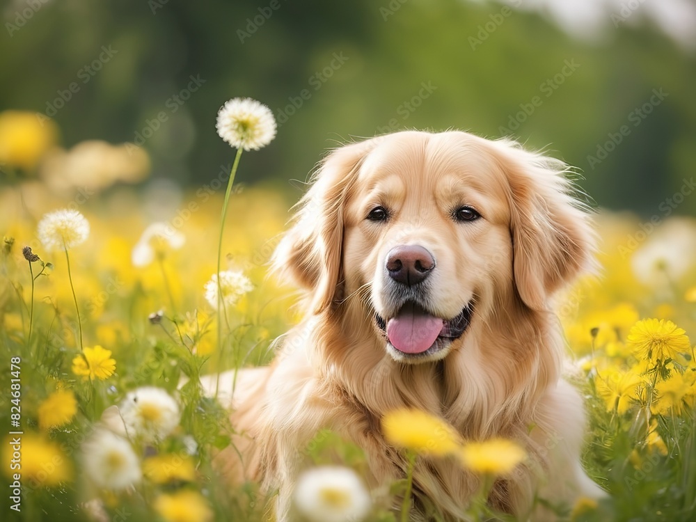 Golden retriever dog. Spring nature background with flower garden. Blur bokeh. Golden retriever dog. Spring nature background with flower garden. Blur bokeh.