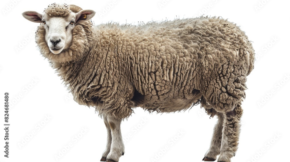 A single sheep standing in front of a plain white background. Suitable for various design projects A single sheep standing in front of a plain white background. Suitable for various design projects