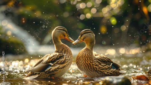 Two ducks standing in a body of water, suitable for nature and wildlife themes © Fotograf