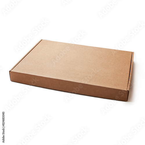 Brown cardboard box for packaging, isolated on a spruce background, as a chalon. Concept of packaging, shipping, postal services.