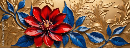 Abstract art floral pattern  brush painting  photo wallpaper. Red on a background of a golden flower.