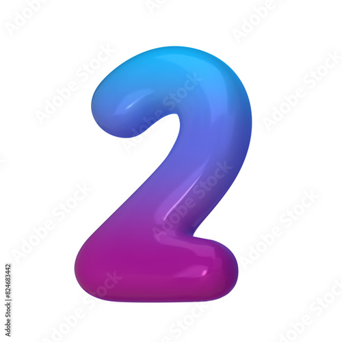 3D Style Number 2. Rendered Digit Two Illustration in Gradient Blue and Violet. Glossy Inflatable Numbers. Vector illustration