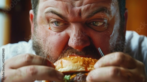 Man eating a hamburger with a fork  suitable for food and lifestyle concepts