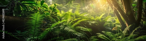 Lush green forest with sunlight filtering through  showcasing dense foliage and vibrant nature scenery  creating a serene and peaceful atmosphere.