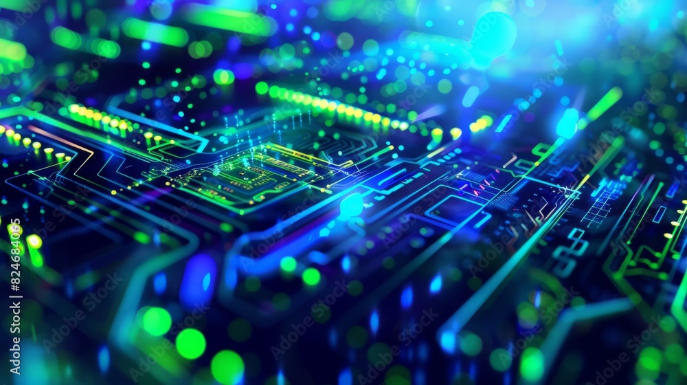 Obraz premium Glowing neon blue techno music background with vibrant circuitry design