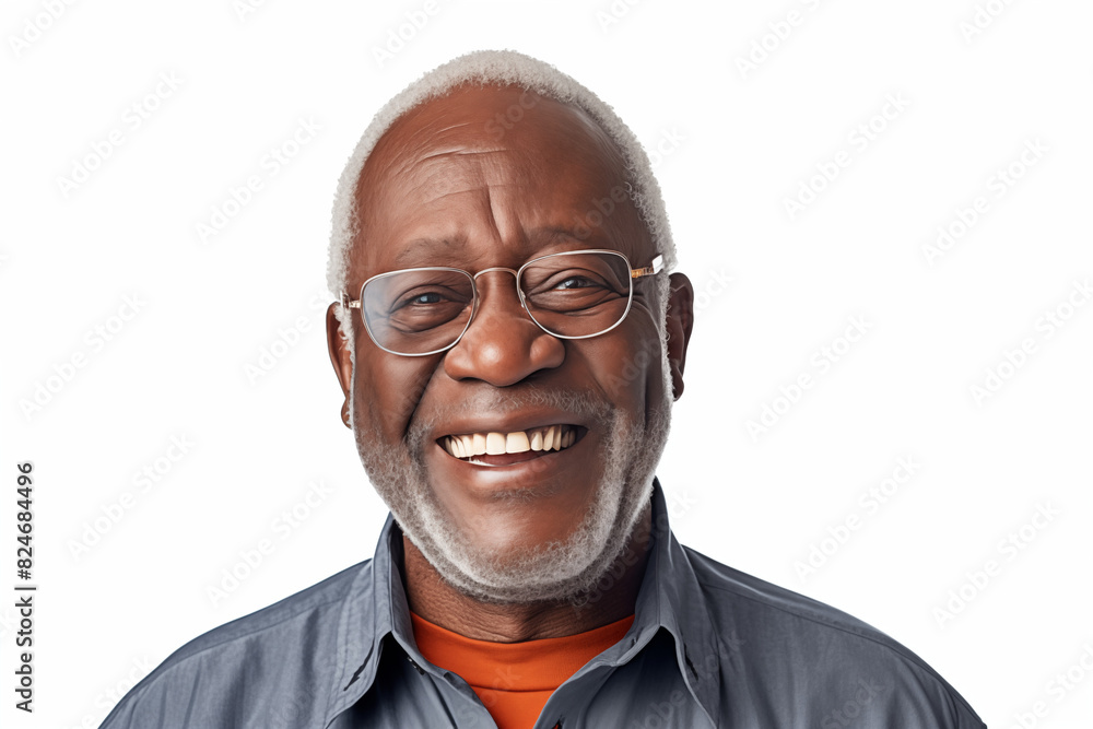 Smiling senior black man on white background. Topics related to old age. afro american. Africa. Retirement home. Retirement. Image for Graphic Designer. Senior residence. AI. Smiling senior black man on white background. Topics related to old age. afro american. Africa. Retirement home. Retirement. Image for Graphic Designer. Senior residence. AI.