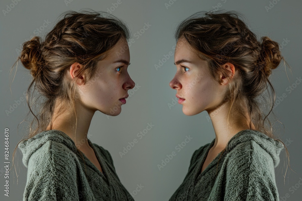 Reflection of two young women in a mirror. Suitable for beauty or self-reflection concepts Reflection of two young women in a mirror. Suitable for beauty or self-reflection concepts