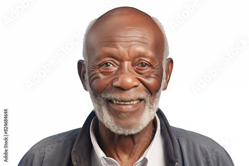 Smiling senior black man on white background. Topics related to old age. afro american. Africa. Retirement home. Retirement. Image for Graphic Designer. Senior residence. AI.