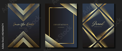 Luxury invitation card background vector. Golden elegant geometric shape, gold lines gradient on dark blue background. Premium design illustration for gala, grand opening, party invitation, wedding.