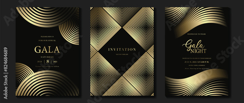 Luxury invitation card background vector. Golden elegant geometric shape, gold lines gradient on dark background. Premium design illustration for gala card, grand opening, party invitation, wedding.