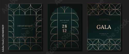 Luxury invitation card background vector. Golden elegant geometric shape, gold lines gradient on dark green background. Premium design illustration for gala, grand opening, party invitation, wedding.