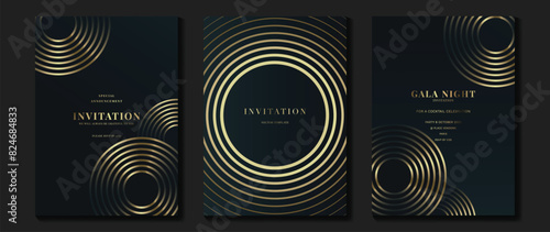 Luxury invitation card background vector. Golden elegant geometric shape, gold lines gradient on dark blue background. Premium design illustration for gala, grand opening, party invitation, wedding.