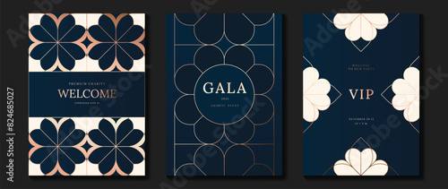 Luxury invitation card background vector. Golden elegant geometric shape, gold flower line on dark blue background. Premium design illustration for gala, grand opening, party invitation, wedding.