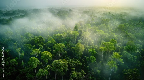 A breathtaking aerial view of a lush, fog-covered rainforest at dawn, showcasing the dense greenery and misty atmosphere in a tropical region.