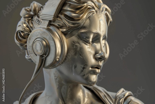 A statue of a woman wearing headphones. Suitable for music or technology themes