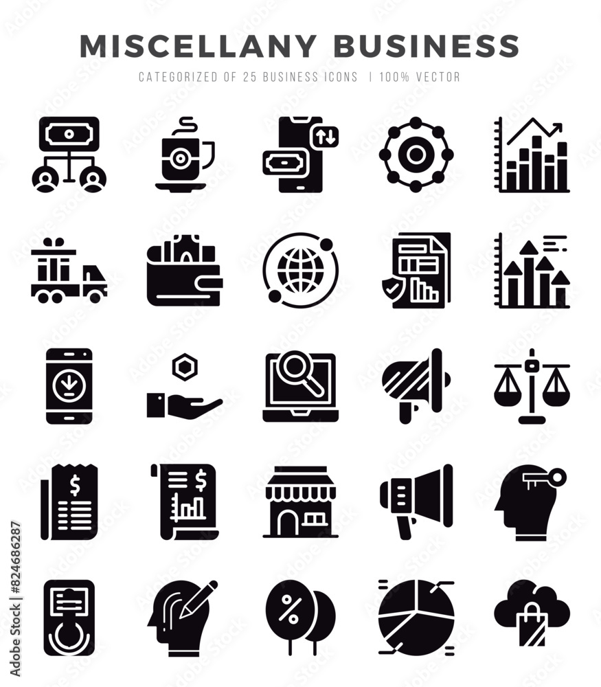 Miscellany Business Icons bundle. Glyph style Icons. Vector illustration. Miscellany Business Icons bundle. Glyph style Icons. Vector illustration.