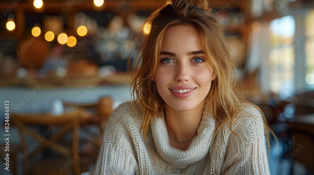 Smiling Woman in Cozy Sweater at a Warmly Lit Cafe Smiling Woman in Cozy Sweater at a Warmly Lit Cafe