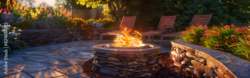 Ara fed fire pit with chairs and tables on a patio by a lake outdoor warmth modern relaxation
 photo
