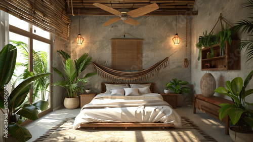 An island escape bedroom with a hammock bed  tropical plants  and a bamboo ceiling fan. 