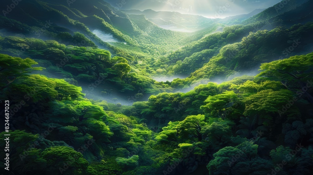Lush green rainforest with misty valleys and sunlight breaking through clouds, creating a serene and majestic natural landscape. Lush green rainforest with misty valleys and sunlight breaking through clouds, creating a serene and majestic natural landscape.