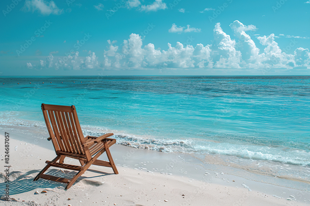 horizontal image of a wooden chair on a white sand beach right in front of the sea in a hot summer day