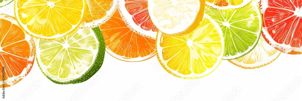 Obraz premium Vibrant citrus slices arrangement in summer-themed illustration.