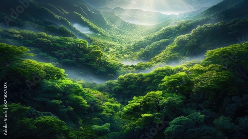 Lush green rainforest with misty valleys and sunlight breaking through clouds, creating a serene and majestic natural landscape.