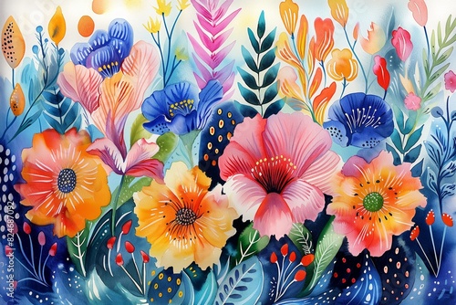 Florals, gouache painting, bright watercolor illustration