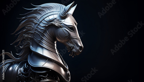 silver iron horse statue on black background