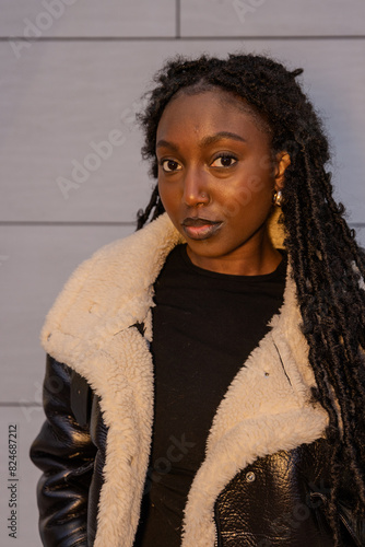 A stylish black woman with dreadlocks is standing confidently against a modern wall, dressed in a chic faux fur coat photo