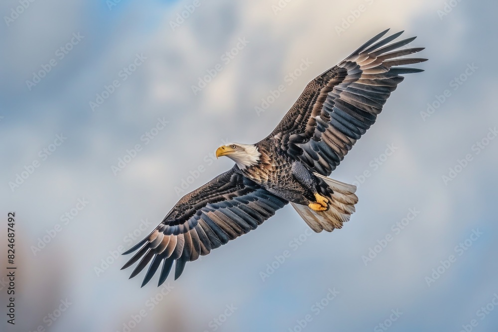 Obraz premium Majestic bald eagle soaring through a cloudy blue sky. Perfect for wildlife and nature themes