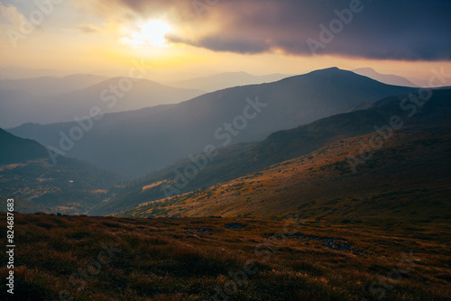 Amazing sunset in Ukrainian Carpathian mountains , Chornigysrsyi hrebet range