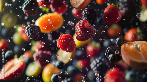 Fruits tossed in the air.