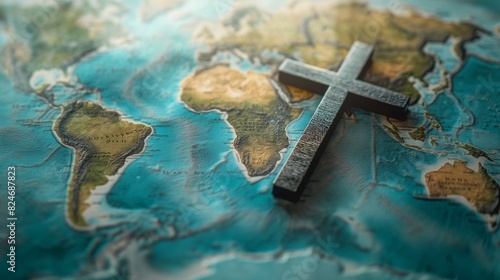 Holy cross of Jesus Christ and world map. Global mission and evangelism concept. Telling all the people about Jesus. Spreading the evangelism around all nations. photo