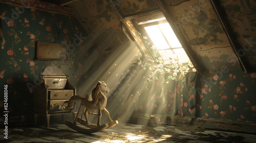Sunlight streams through a dusty attic window, illuminating motes of dancing light across a forgotten childhood bedroom filled with faded floral wallpaper photo