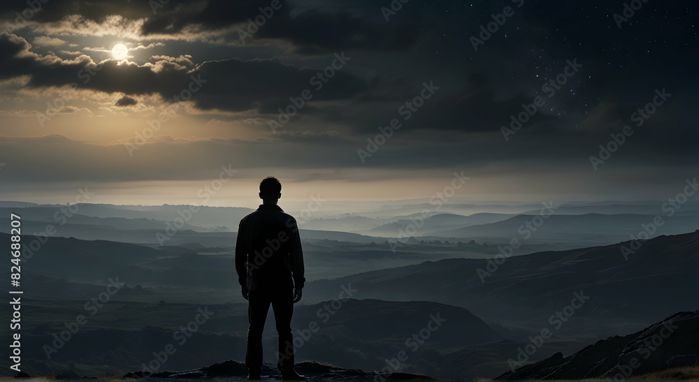 man standing on top of mountain looking at the night sky man standing on top of mountain looking at the night sky