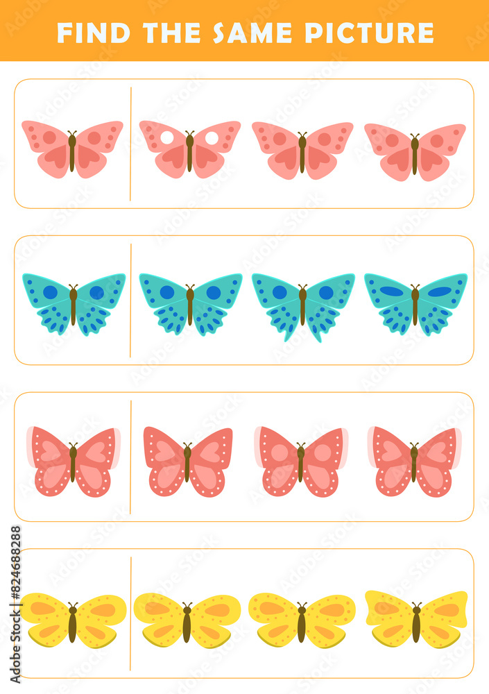 Find same picture worksheet for kids. Worksheet for kids kindergarten, preschool and school age. Education game for children with cute butterfly illustration. Find same picture worksheet for kids. Worksheet for kids kindergarten, preschool and school age. Education game for children with cute butterfly illustration.