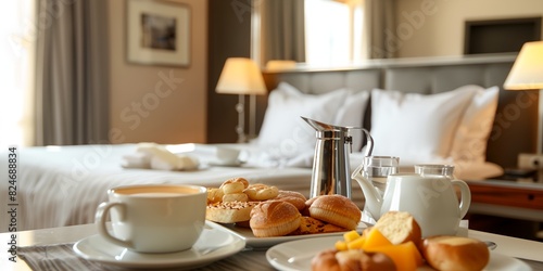 tray of food and a cup of coffee on a table in a hotel room with a bed