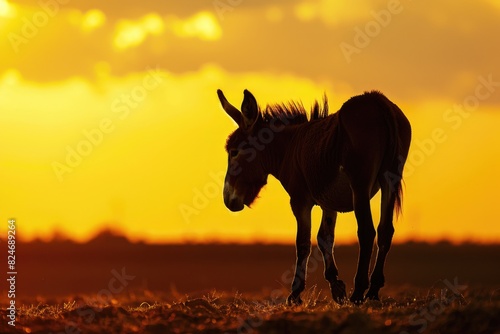 A donkey standing in a field at sunset. Suitable for nature and animal themes