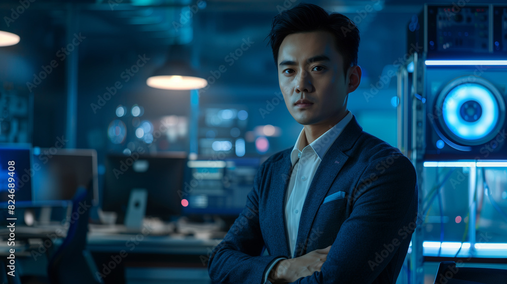 Fototapeta premium Futuristic concept featuring an Asian model with striking resemblance to a handsome businessman, surrounded by modern office equipment and innovative technology â€”ar 16:9 â€”style raw