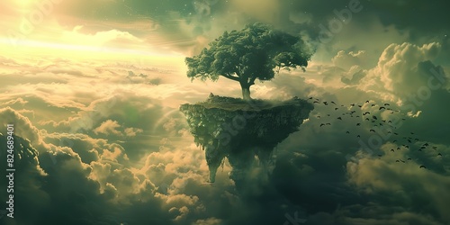 surreal scene with tree is standing on a small island in the clouds with birds flying around