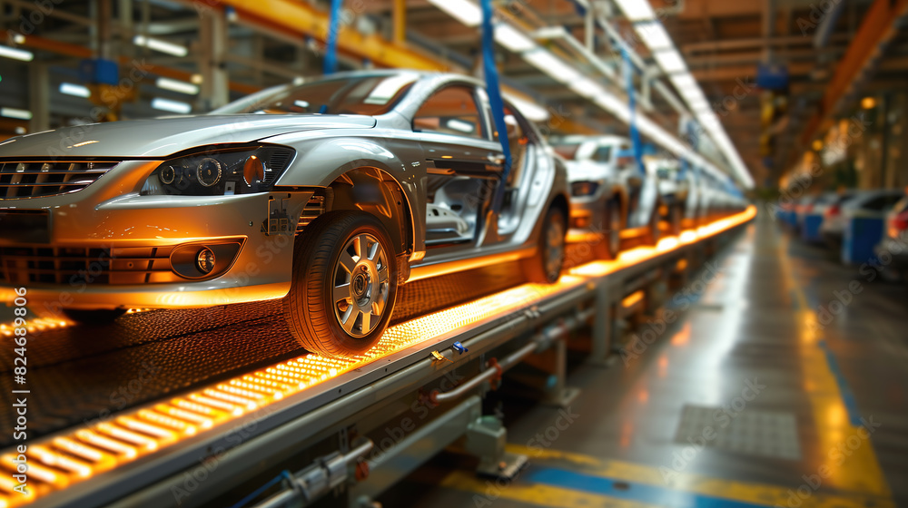 Car Being Manufactured on Conveyor Belt in Factory Car Being Manufactured on Conveyor Belt in Factory