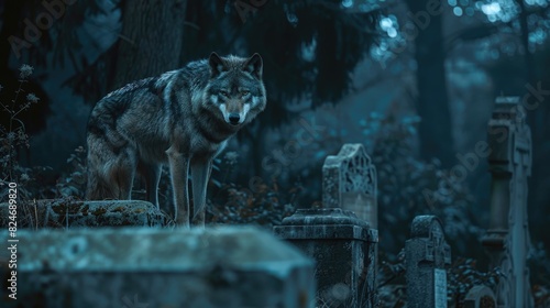 A majestic wolf standing on a stone wall in a peaceful forest. Suitable for nature and wildlife themes photo