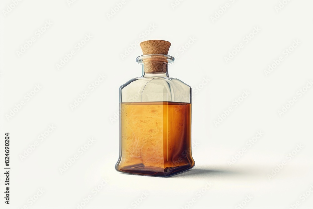 A clear glass bottle filled with liquid and sealed with a cork stopper. Ideal for product packaging mockups A clear glass bottle filled with liquid and sealed with a cork stopper. Ideal for product packaging mockups