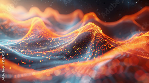 A computer generated image of a blue and orange wave resembling a wind wave on a body of water under a sunny sky  creating a stunning natural landscape