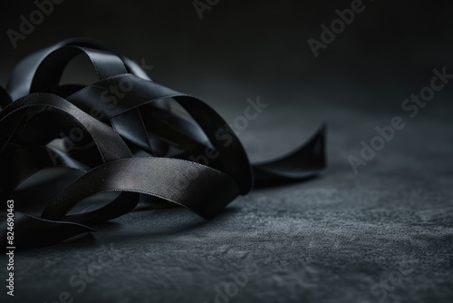A close up of a black ribbon on a table. Suitable for various creative projects