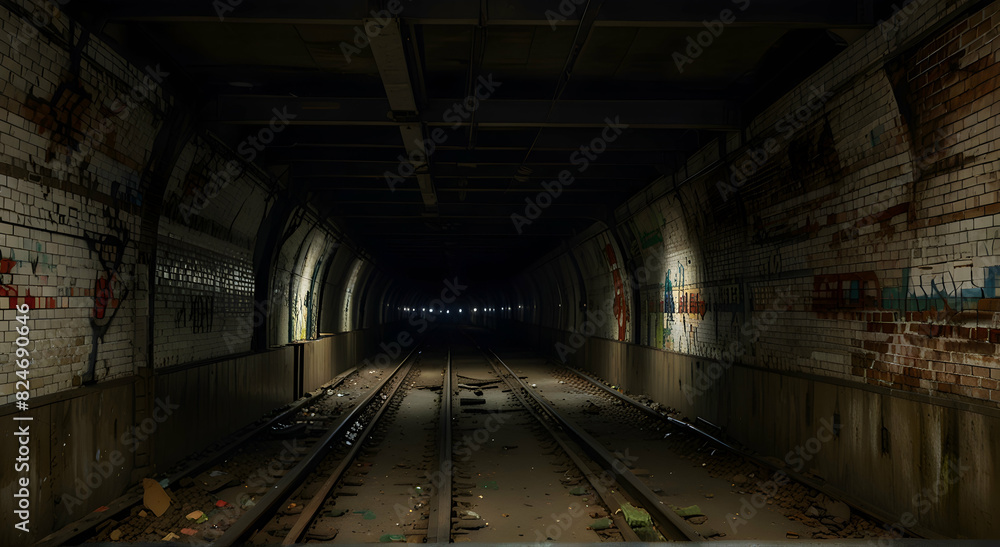 a dark tunnel with graffiti on the walls